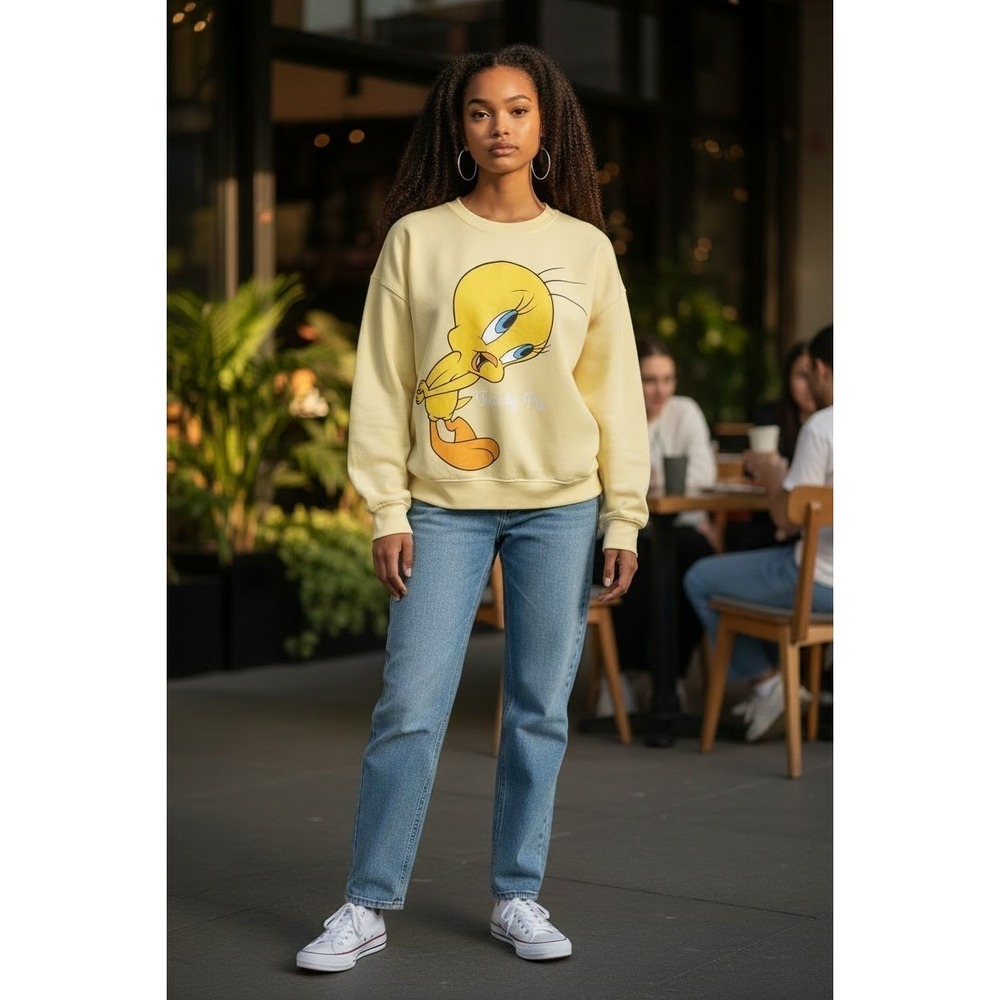Looney Tunes Sweatshirt L Yellow Tweety Pie Graphic Crewneck Pullover‎ VTG